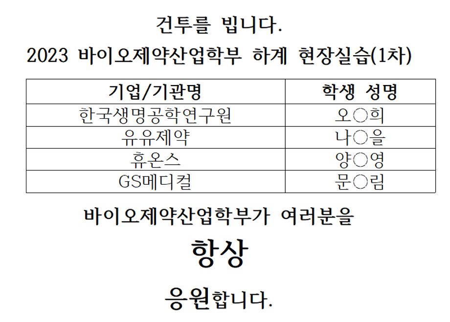 2023 바이오제약산업학부 하계 현장실습(1차)